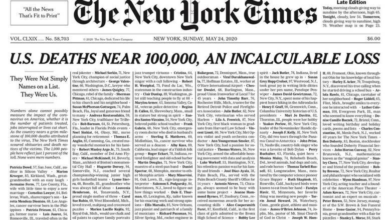 The New York Times опубликовала на первой полосе имена тысячи умерших - newizv.ru - Сша - New York