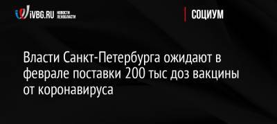 Дмитрий Лисовец - Россия - Власти Санкт-Петербурга ожидают в феврале поставки 200 тыс доз вакцины от коронавируса - ivbg.ru - Санкт-Петербург