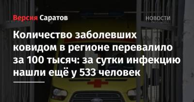 Количество заболевших ковидом в регионе перевалило за 100 тысяч: за сутки инфекцию нашли ещё у 533 человек - nversia.ru - Саратов - Саратовская обл.