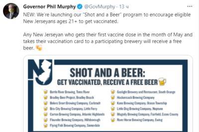 Филипп Мерфи - Жителям Нью-Джерси обещали бесплатное пиво за прививку от COVID-19 - govoritmoskva.ru - штат Нью-Джерси