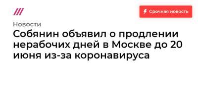 Собянин объявил о продлении нерабочих дней в Москве до 20 июня из-за коронавируса - tvrain.ru - Москва