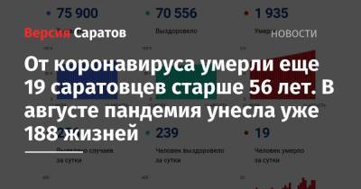 От коронавируса умерли еще 19 саратовцев старше 56 лет. В августе пандемия унесла уже 188 жизней - nversia.ru - Саратовская обл.