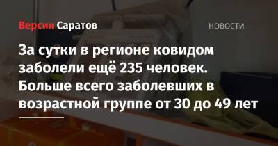За сутки в регионе ковидом заболели ещё 235 человек. Больше всего заболевших в возрастной группе от 30 до 49 лет - nversia.ru - Саратов - Саратовская обл.